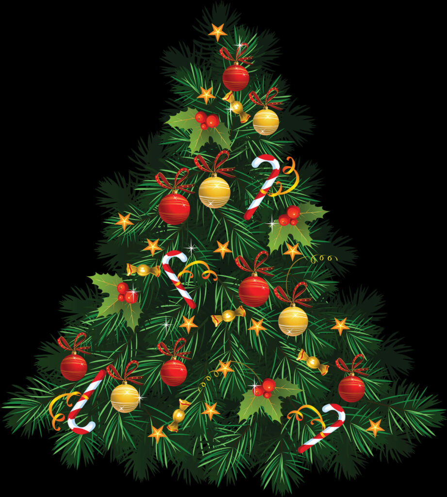 Festive Transparent Christmas Tree Wallpaper with Red & Gold Ornaments