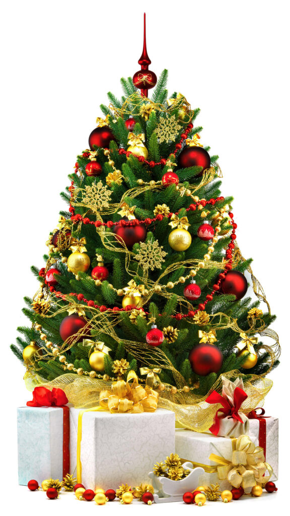 Elegant Christmas Tree Wallpaper with Red & Gold Ornaments