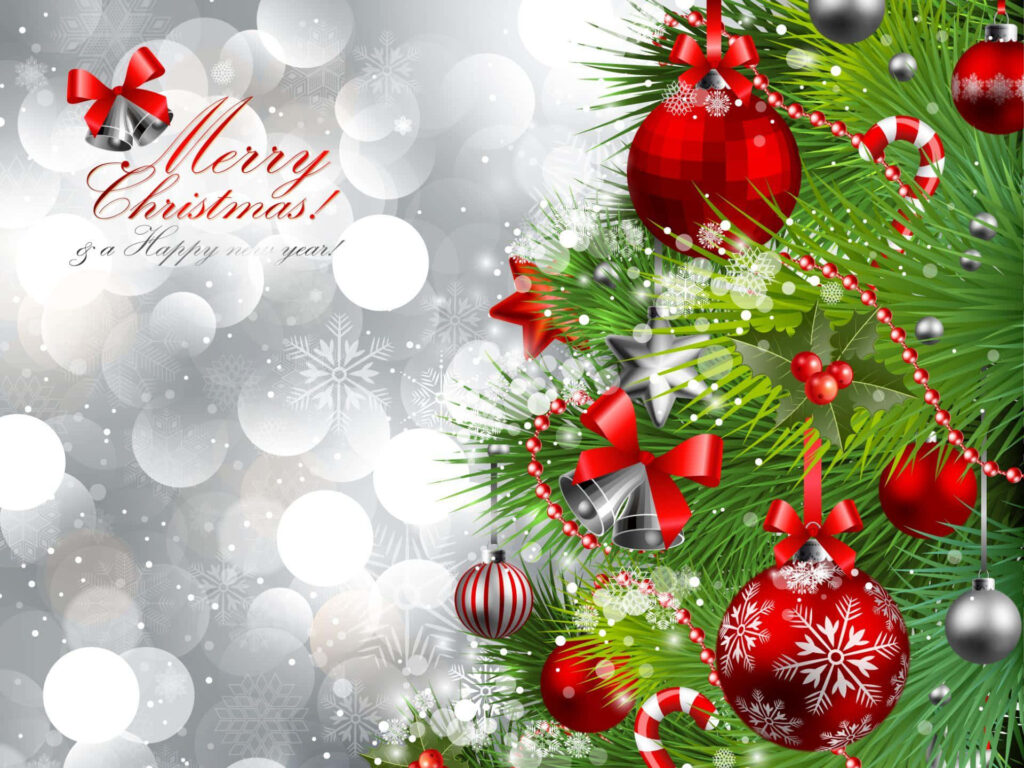 Festive Christmas Wallpaper: Tree with Red & Silver Ornaments