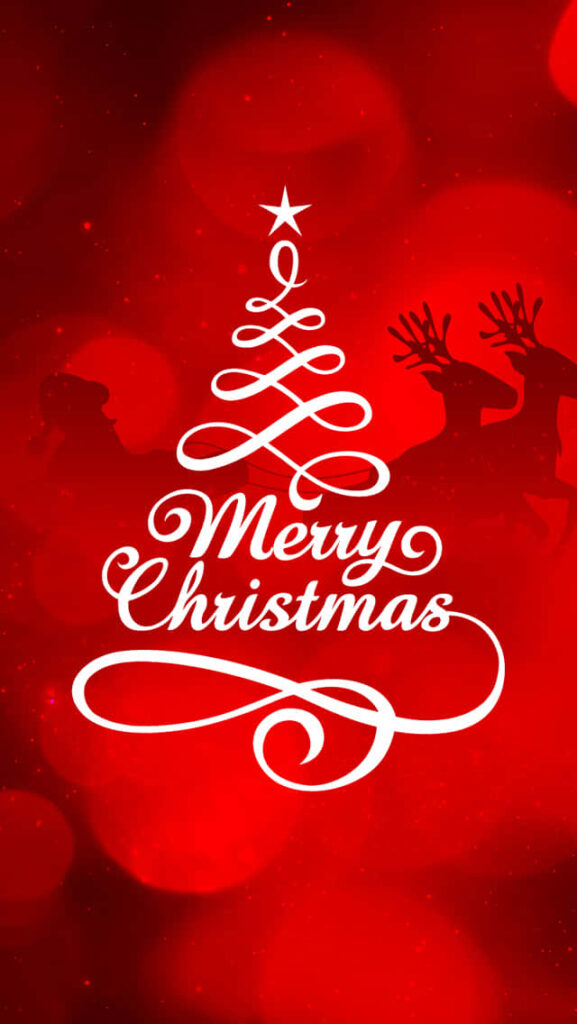 Festive Red Wallpaper: Elegant Merry Christmas Tree & Reindeer Silhouettes
