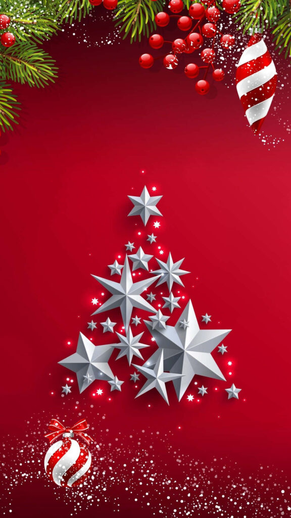 Festive Christmas Tree Wallpaper with Silver Stars & Red Background