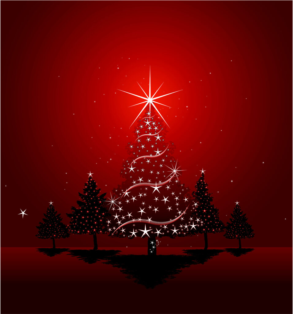 Festive Christmas Tree Wallpaper: Bright Lights & Rich Red Background