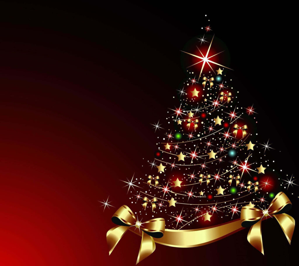 Elegant Christmas Tree Wallpaper with Ornaments & Golden Ribbon