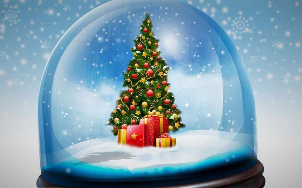 Magical Snow Globe with Colorful Christmas Tree & Presents Wallpaper