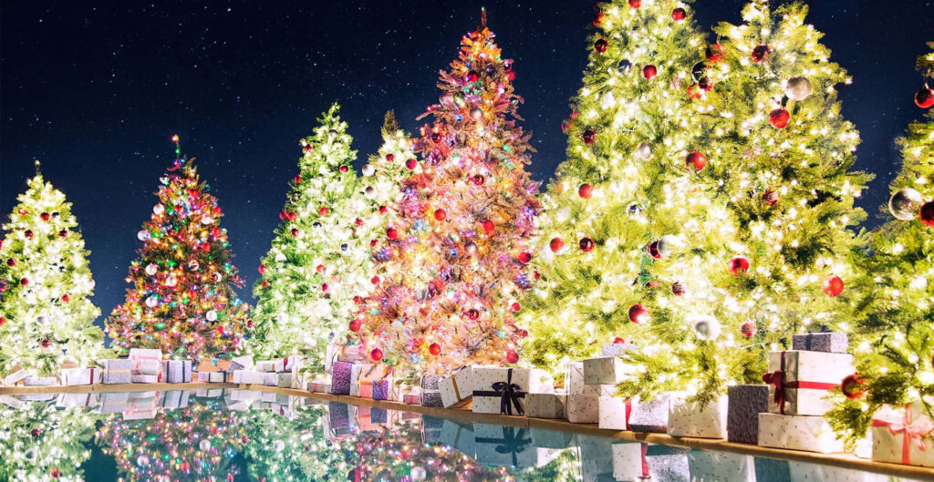 Bright Christmas Trees with Ornaments: Perfect Zoom Background Wallpaper