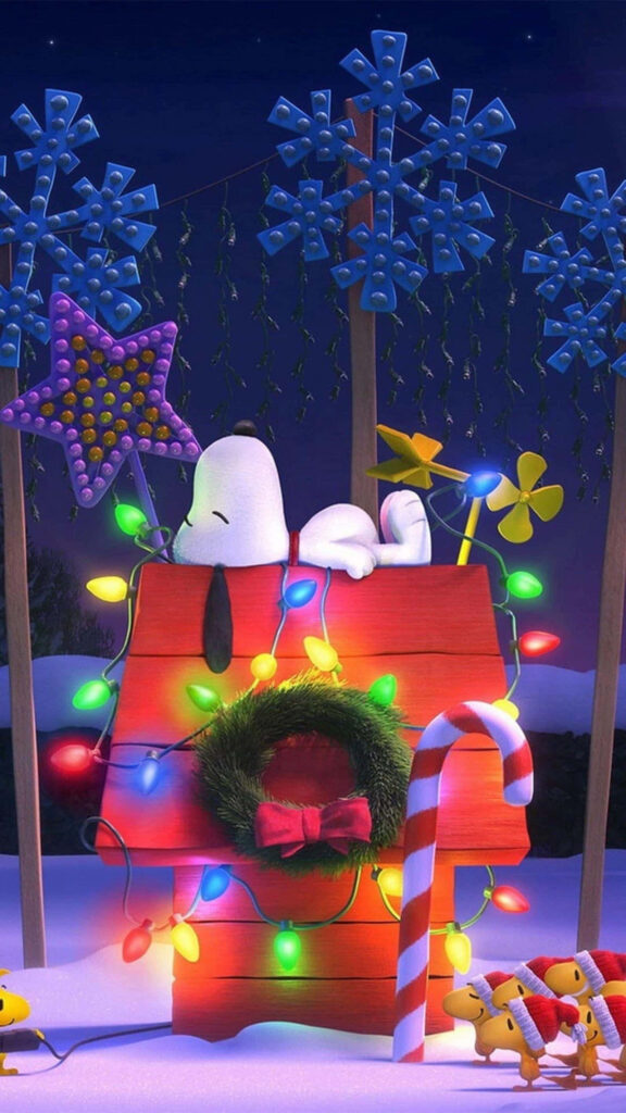 Cheerful Holiday Wallpaper: Cozy Scene with Doghouse & Snowflakes