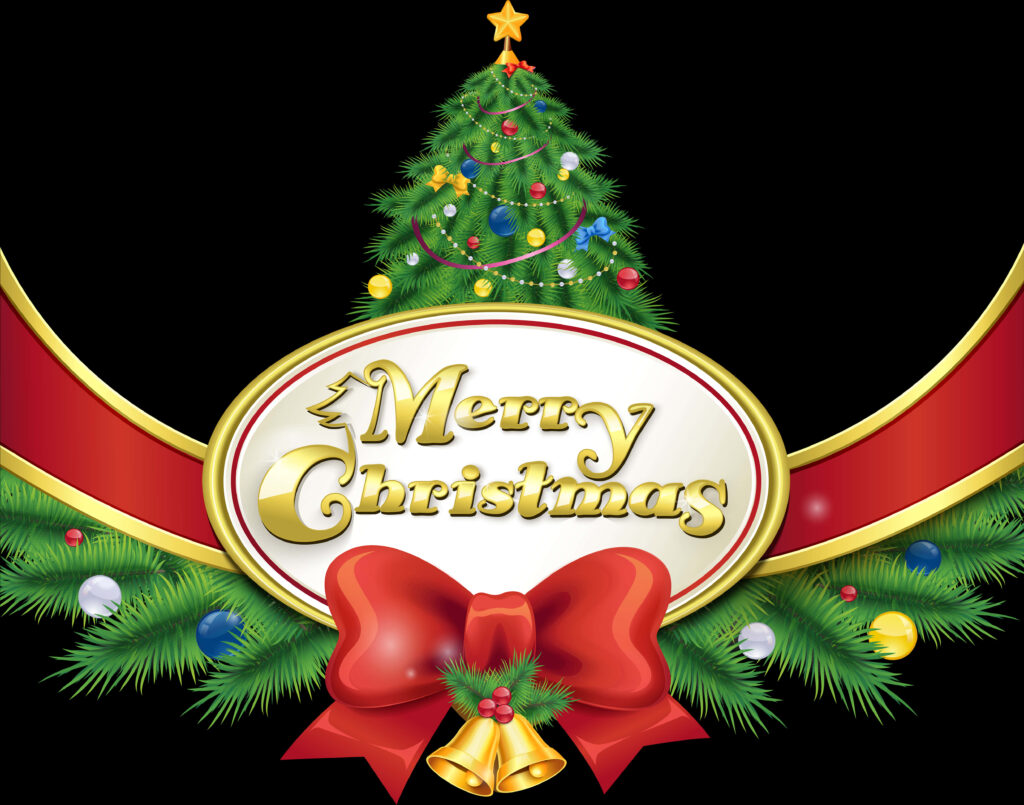 Vibrant Christmas Wallpaper: Green Tree, Baubles & Merry Gold Greeting