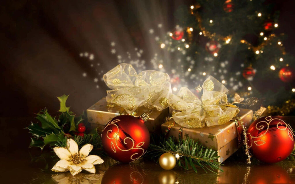 Festive Christmas Wallpaper: Wrapped Gifts & Twinkling Tree Decor