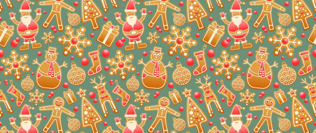 Festive Christmas Wallpaper: Gingerbread, Trees & Snowflakes on Green