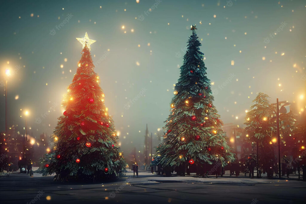 Serene Christmas Wallpaper: Illuminated Trees in Snowy Wonderland