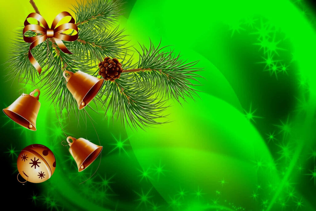 Christmas Wallpaper: Golden Bells & Pine on Festive Green Background
