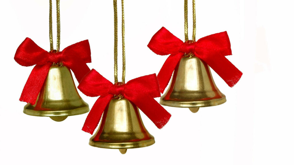 Elegant Christmas Wallpaper: Golden Bells & Red Ribbons Decor