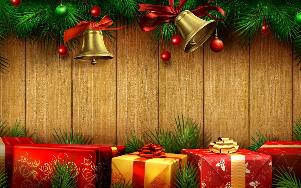 Festive Christmas Wallpaper: Golden Bells & Wrapped Gifts