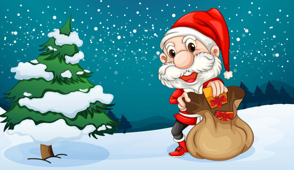 Cozy Christmas Wallpaper: Jolly Santa & Snowy Night Sky Background