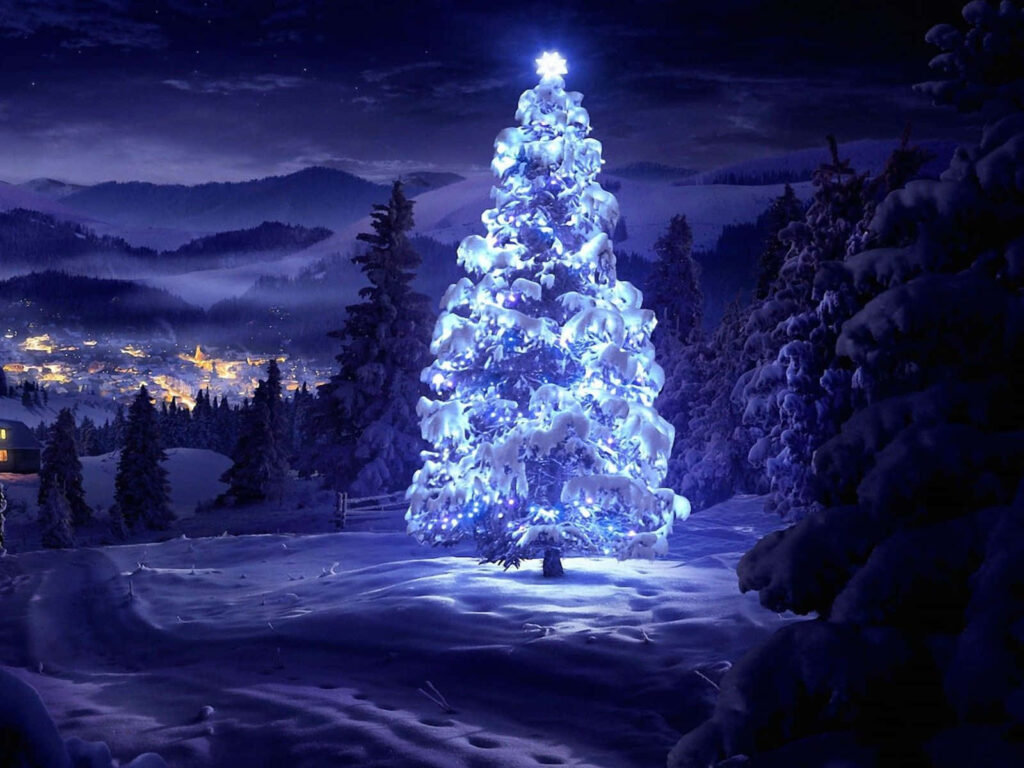 Magical Snowy Christmas Scene with Glowing Tree - Festive Wallpaper