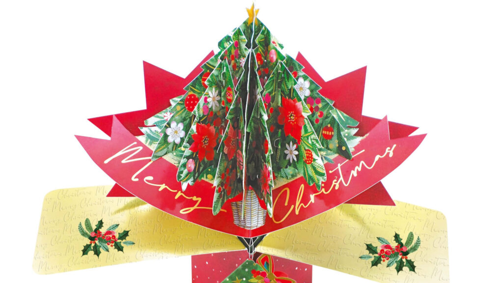 Vibrant Christmas Wallpaper with Pop-Up Tree & Poinsettias