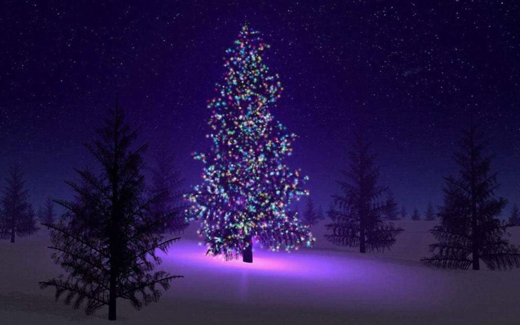 Vibrant Christmas Wallpaper: Purple Tree & Starry Night Background