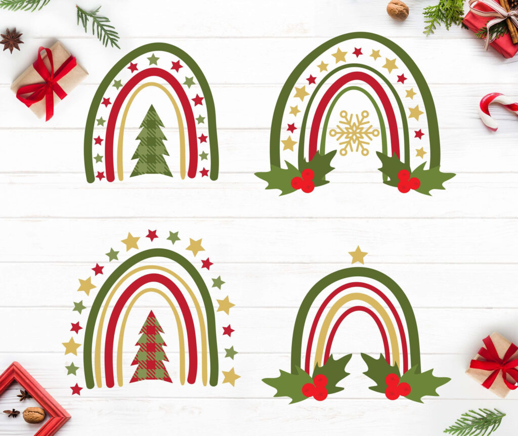 Festive Rainbow Christmas Wallpaper with Holiday Motifs