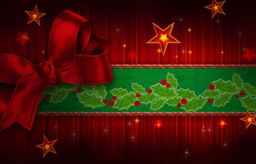 Vibrant Red Christmas Wallpaper with Stars and Holly Decor