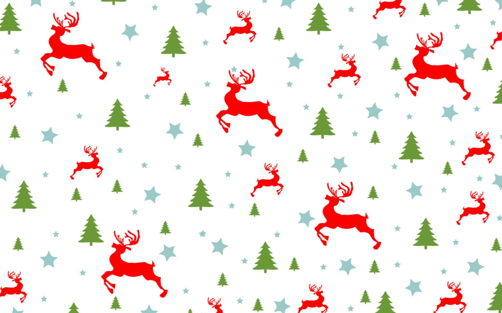 Joyful Christmas Wallpaper: Red Reindeer & Green Pines on White