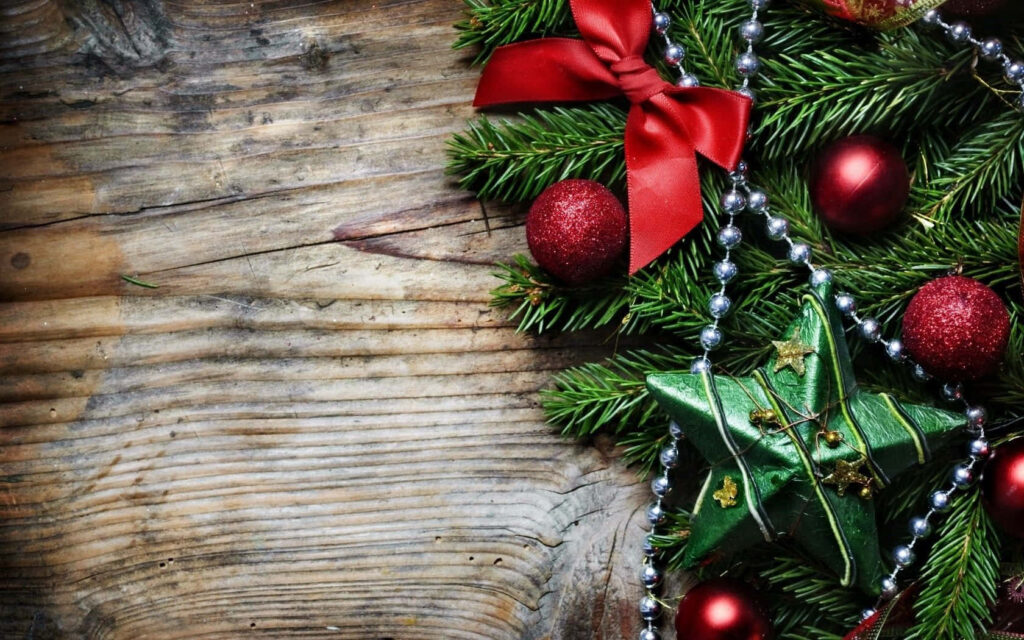 Rustic Christmas Wallpaper with Pine, Baubles & Cheerful Ornaments