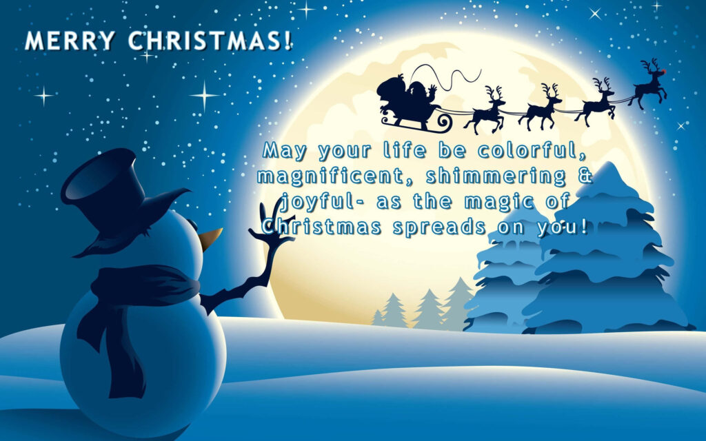 Joyful Christmas Wallpaper: Santa, Reindeer, Moon & Cheerful Snowman