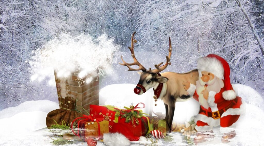 Joyful Christmas Wallpaper: Santa, Reindeer, Gifts & Snowy Rooftop Scene