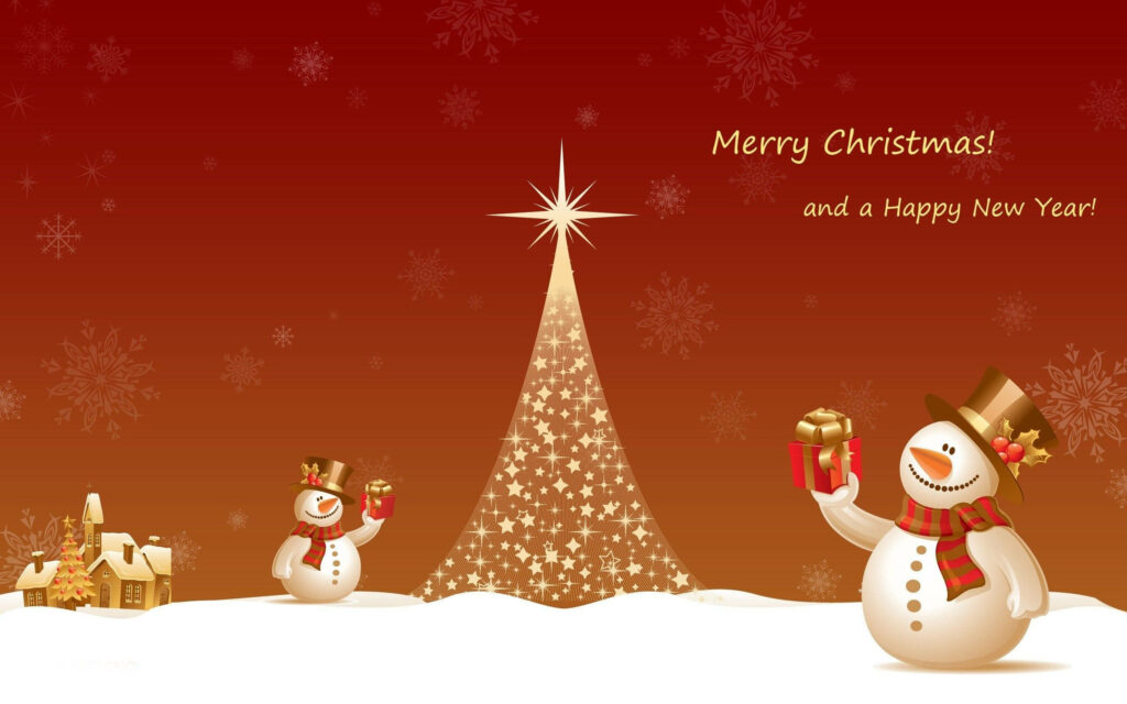 Festive Christmas Wallpaper: Sparkling Tree & Snowmen on Red Background