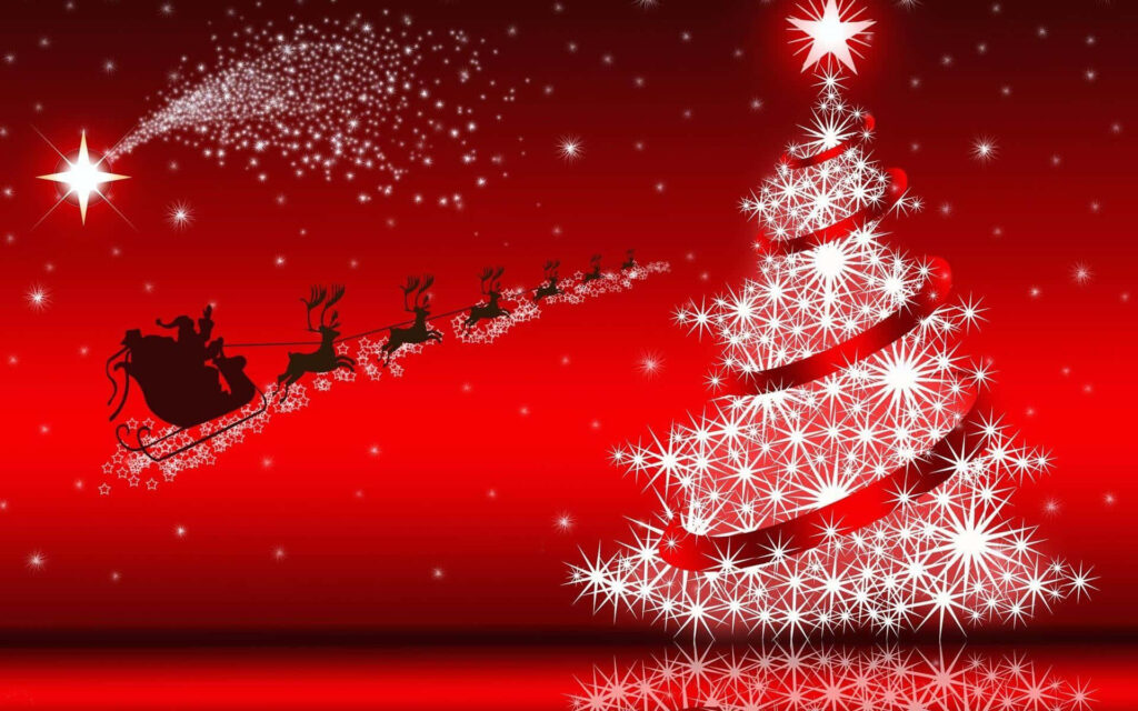 Festive Christmas Wallpaper: Sparkling Tree & Santa’s Reindeer