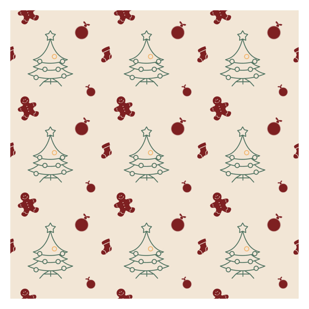 Festive Christmas Wallpaper with Trees, Gingerbread & Stockings