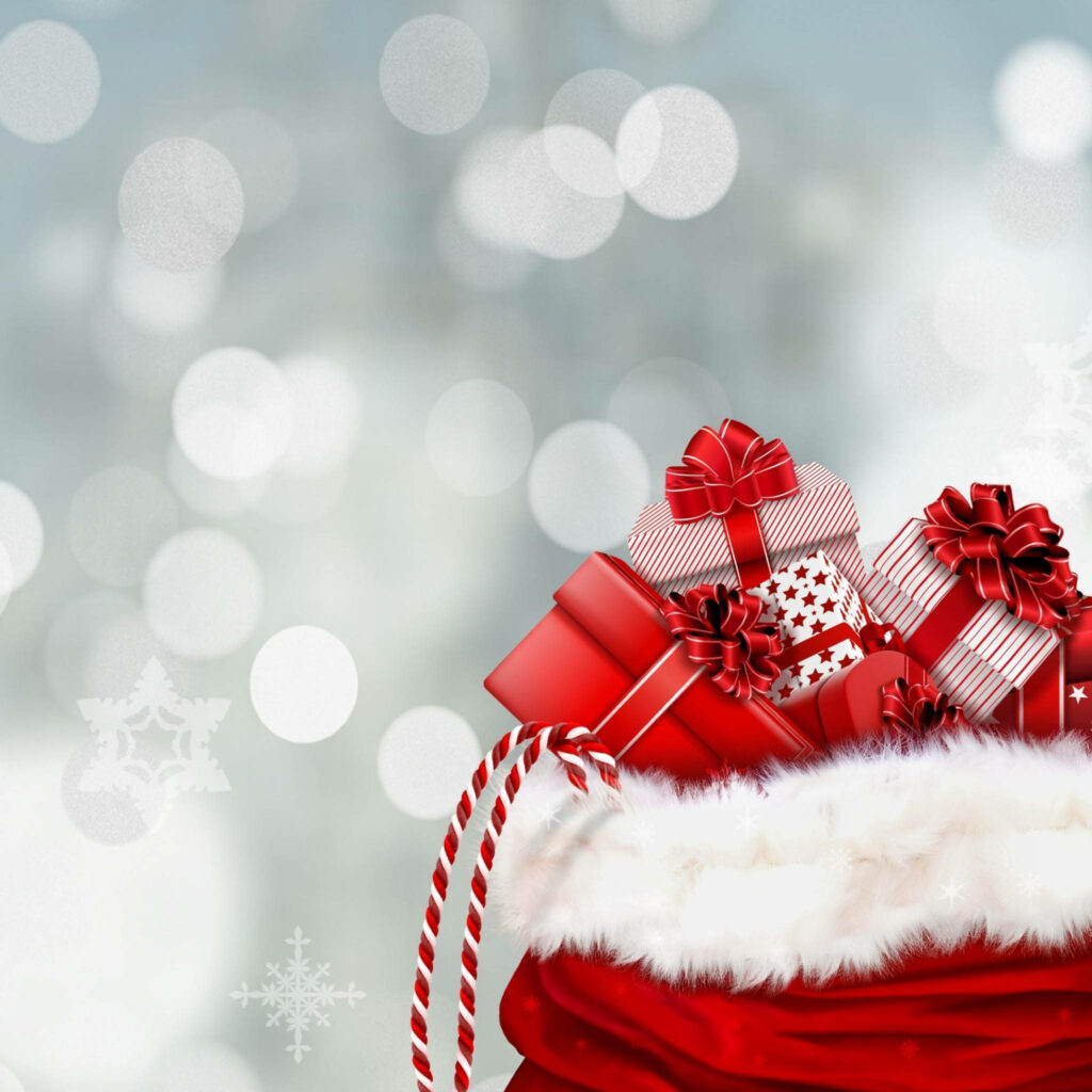 Cheerful Red Christmas Presents in Fur Sack - Festive Holiday Background Wallpaper