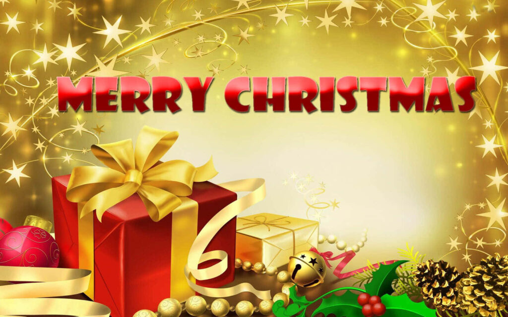 Festive Christmas Wallpaper with Bold Red Greeting & Colorful Decor