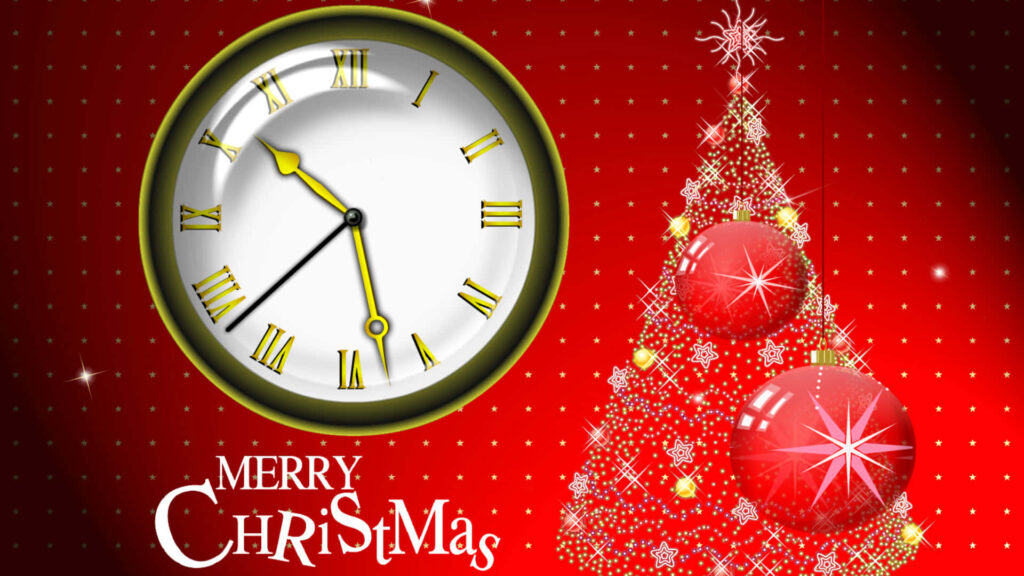 Festive Christmas Wallpaper with Clock, Tree & Cheerful Greetings