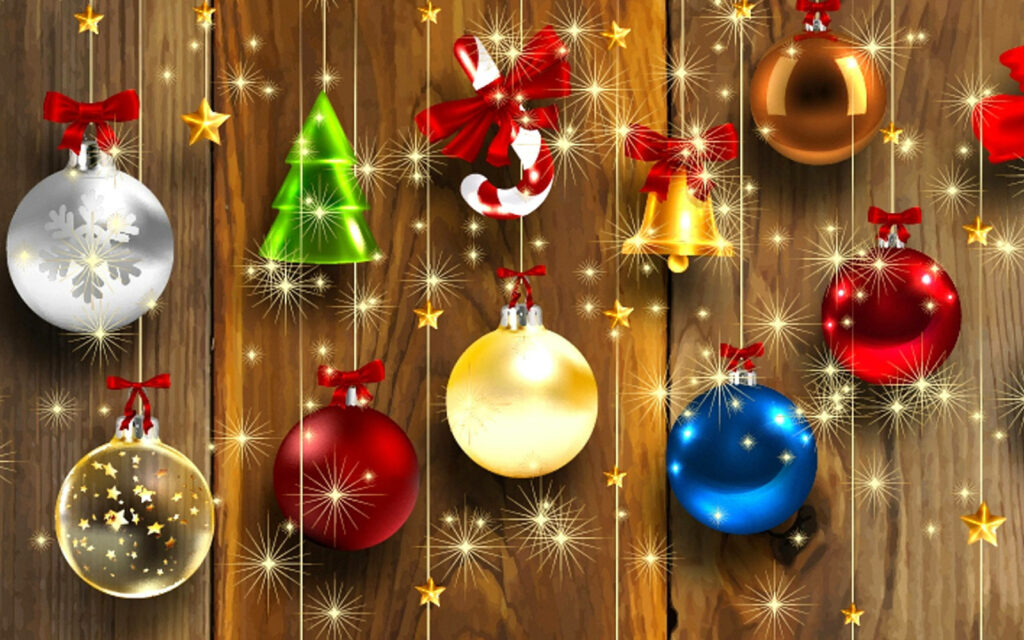 Cheerful Christmas Ornaments Wallpaper on Rustic Wooden Background