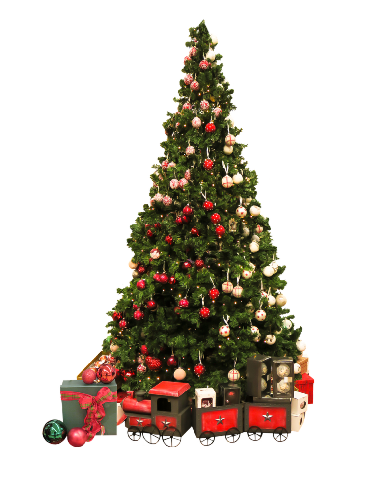 Charming Christmas Tree Wallpaper with Gifts & Toy Train Background