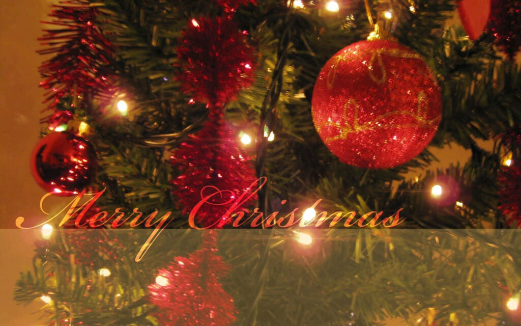 Cozy Christmas Wallpaper: Decorated Tree with Red Ornaments & Lights