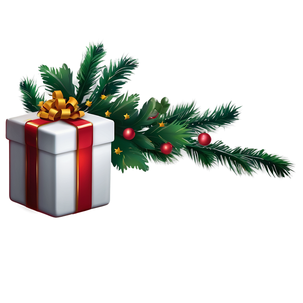 Festive Wallpaper: Gift Box, Pine Branches, and Christmas Decor