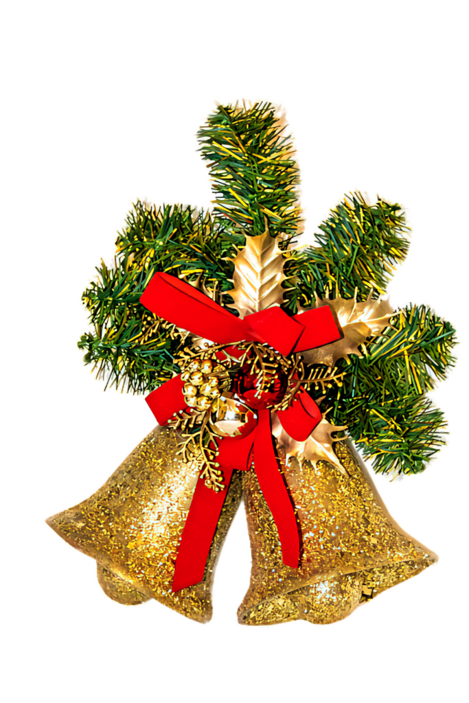 Festive Wallpaper: Golden Christmas Bells with Red Ribbon & Pine