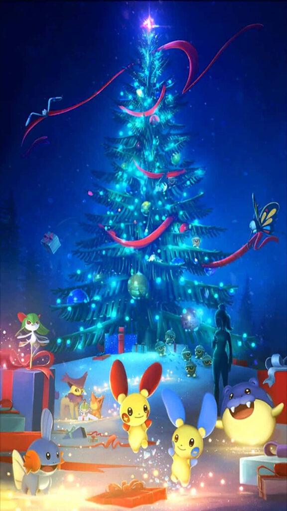 Festive Pokémon Christmas Tree Wallpaper with Blue Lights & Cheer