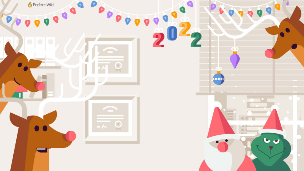 Cheerful Christmas Scene Wallpaper with Reindeer & Santa 2022