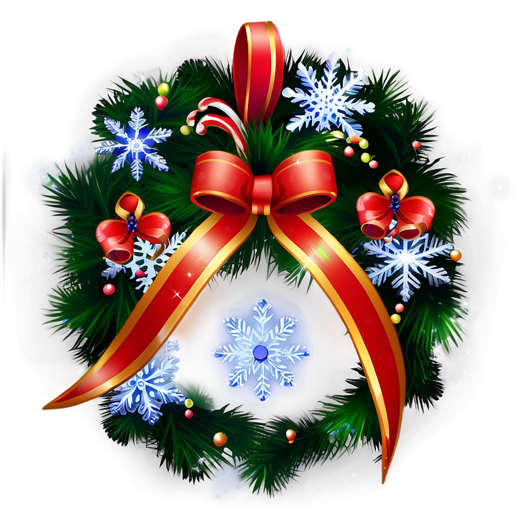 Festive Christmas Wallpaper: Wreath with Red Ribbon & Snowflakes