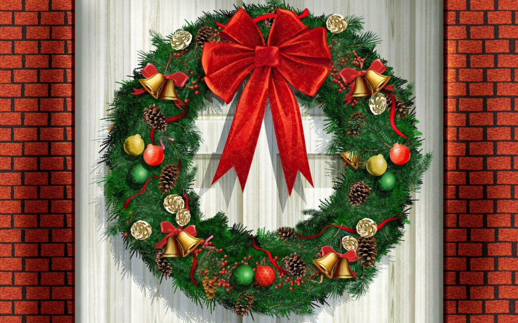 Festive Christmas Wreath with Red Ribbon - Cozy Holiday Decor Wallpaper