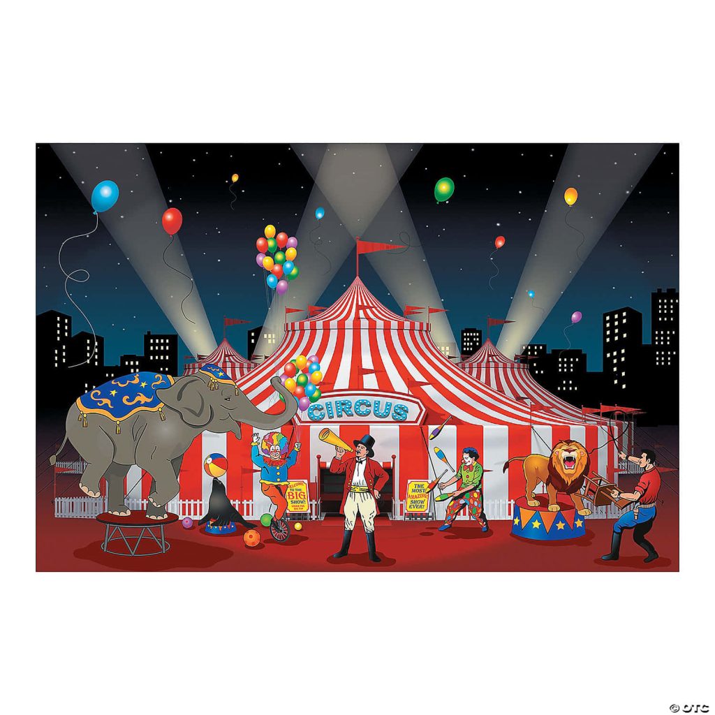 Festive circus carnival scene with red white tent ringmaster lion elephant clown city skyline Wallpaper