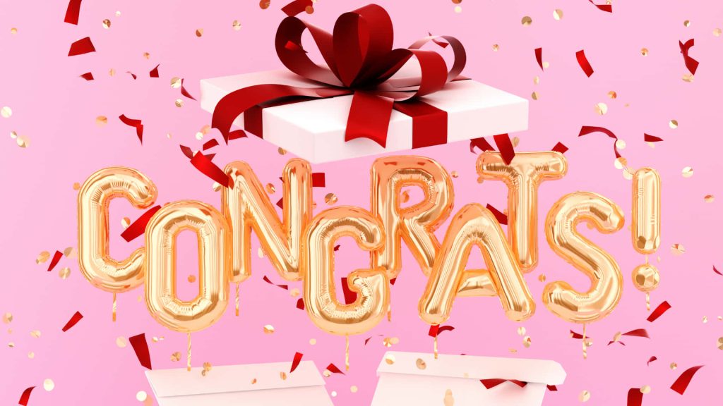 3D Congrats balloon letters with red ribbon gift box and red gold confetti on pink background Wallpaper