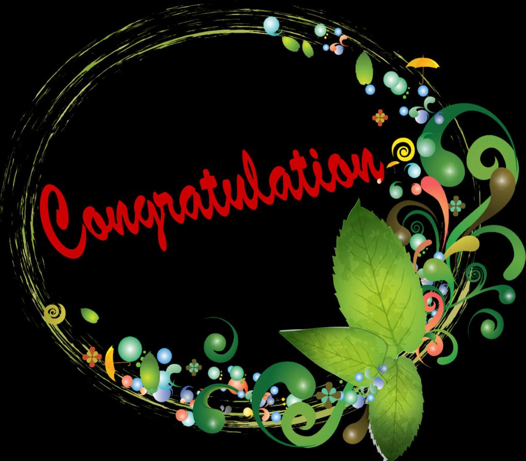Festive congratulation text in red with green vines colorful bubbles and yellow umbrella on black background Wallpaper