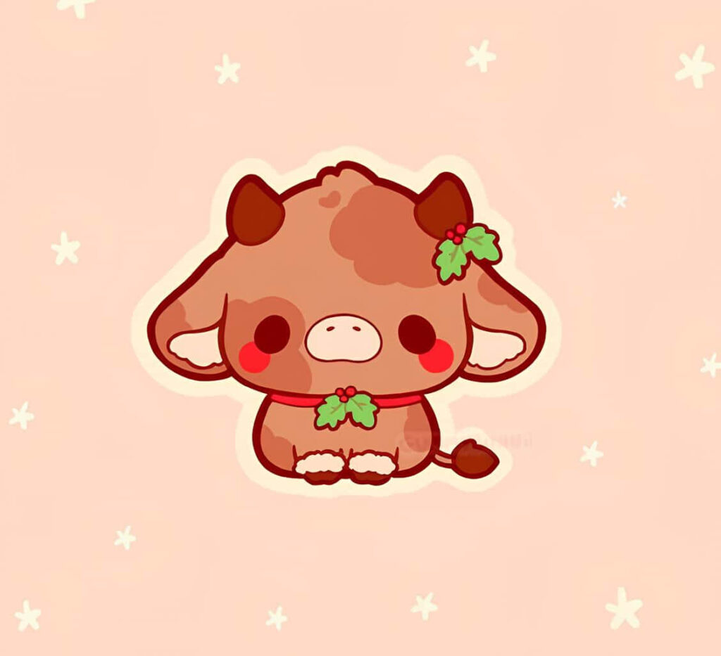 Festive Cartoon Cow Wallpaper with Holly & Star Accents
