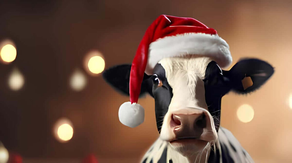 Cheerful Santa Hat Cow in Warm Holiday Background Wallpaper