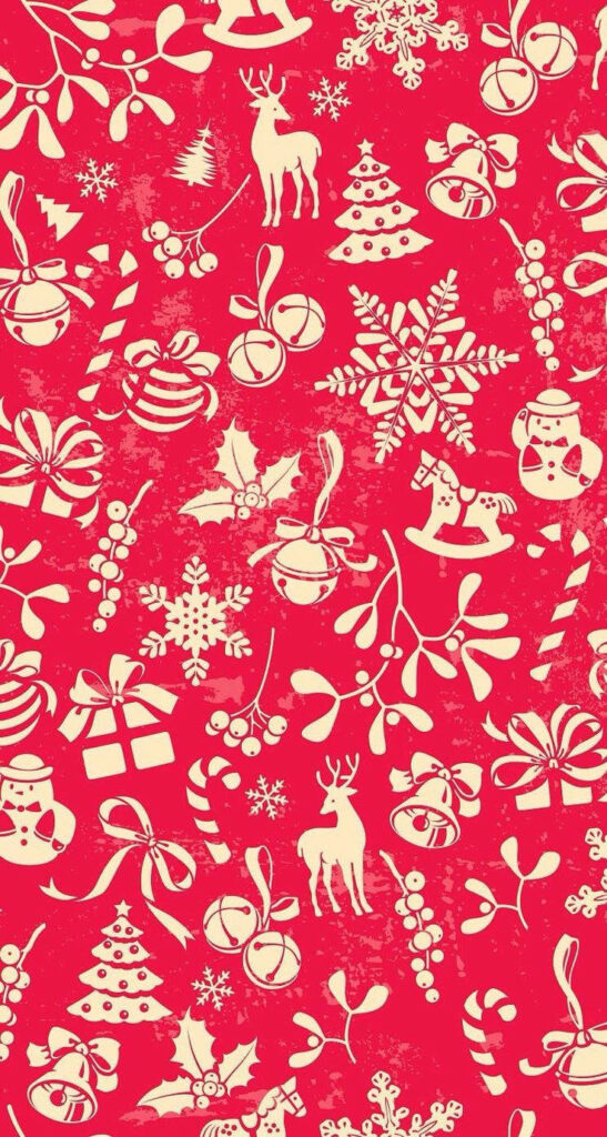 Festive Gold Christmas Icons iPhone Wallpaper on Vibrant Red