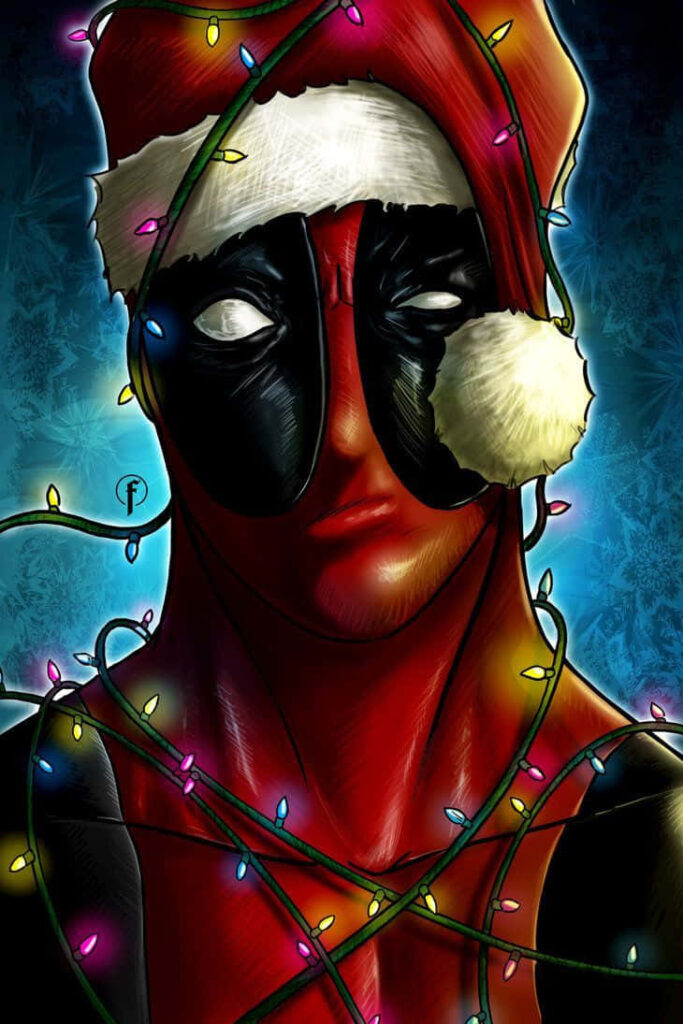 Festive Deadpool Wallpaper: Santa Hat & Christmas Lights in Snow