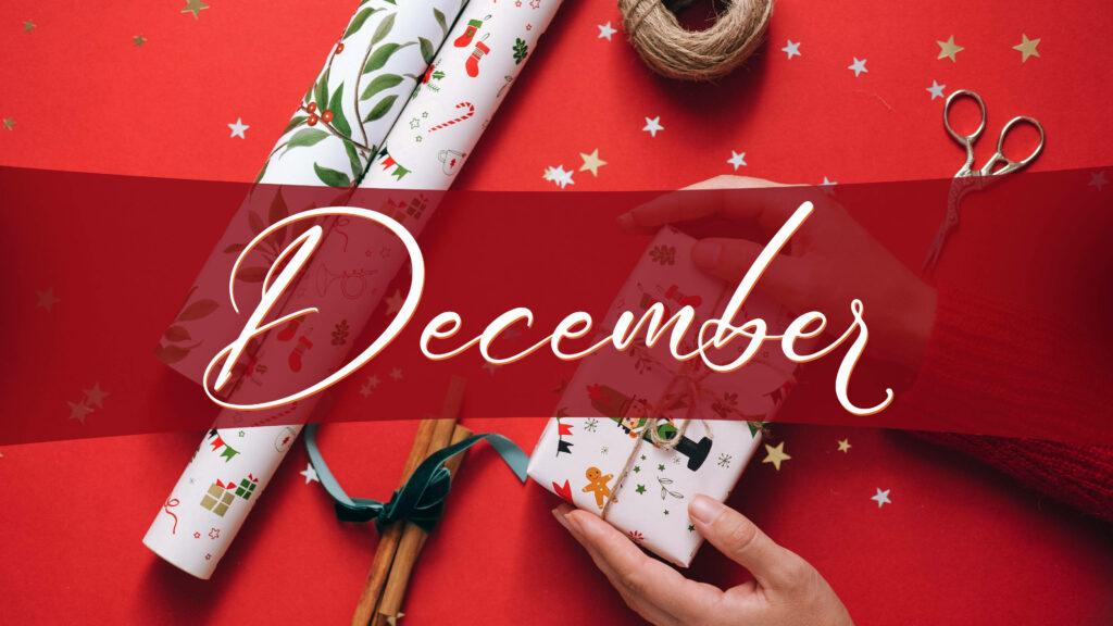 Festive December wallpaper with red background holiday wrapping string and seasonal decorations